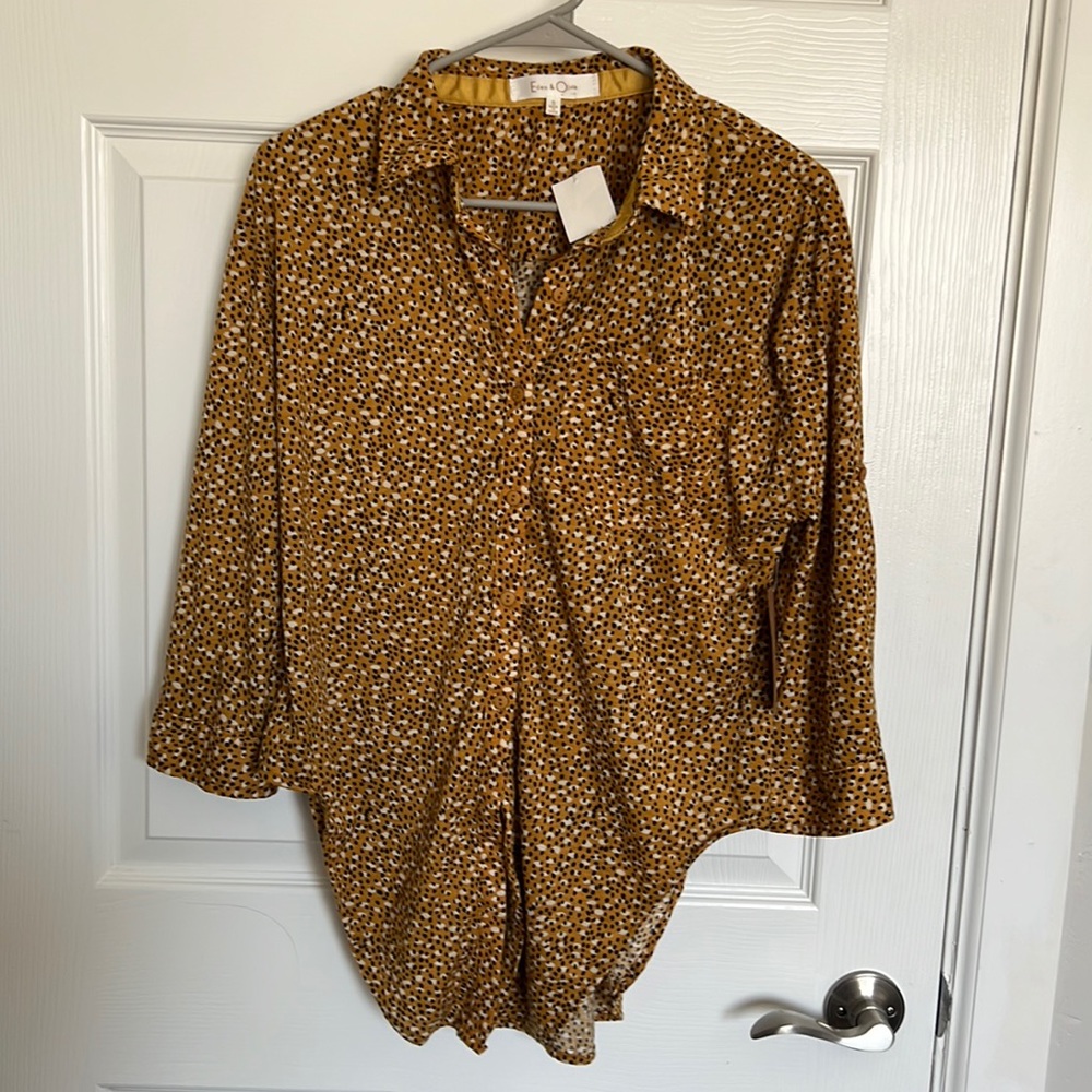 Mustard button down with black and white details